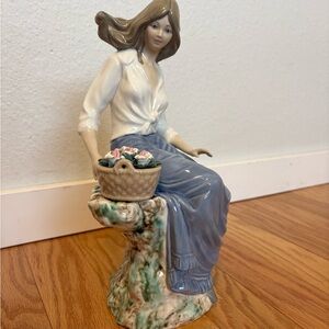 Lladro Lady Sculpture with Basket - Blue, White, and Green